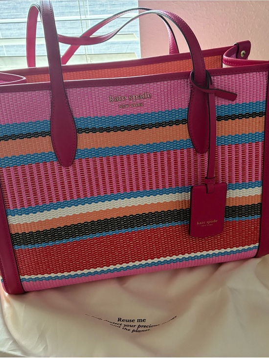kate spade Handbags - Kate Spade Market Woven Stripe Medium Tote Pink Multicolor w/ Dust Bag